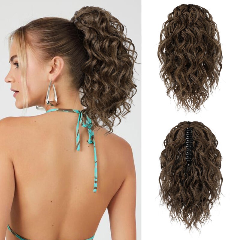 FLUFYMOOZ Ponytail Extension 12 Short Claw Ponytail Extension Wavy Curly Jaw Clip in Pony tails Hair Extension Natural Synthetic Hairpiece for Women Medium Brown Auburn